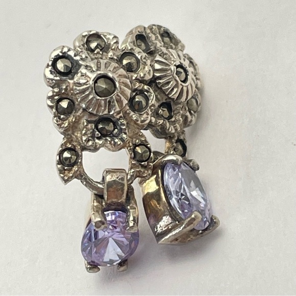 VINTAGE Sterling 925 Dangle Earrings Marcasite Stones With light Violet Stones - Picture 8 of 9